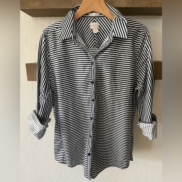 Chico’s| Horizontal Stripe Shirt, No-Iron Button Down Blouse, Size 1/Medium••• - Picture 5 of 15